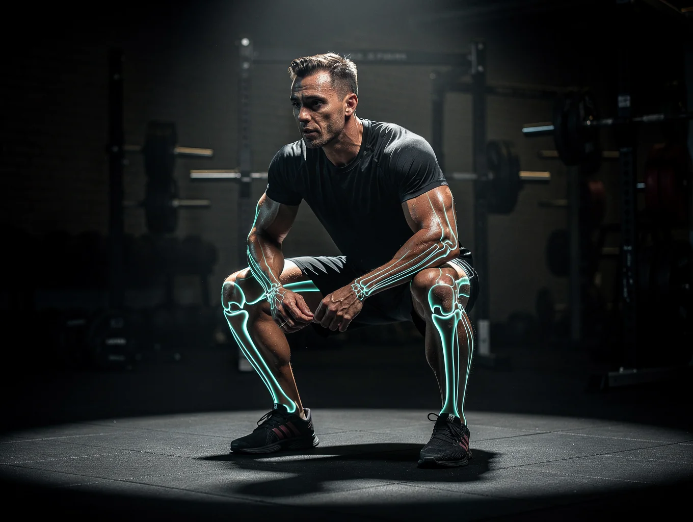 Athlete catching breath during a focused strength and conditioning workout in a moody gym with subtle cyan rim lighting