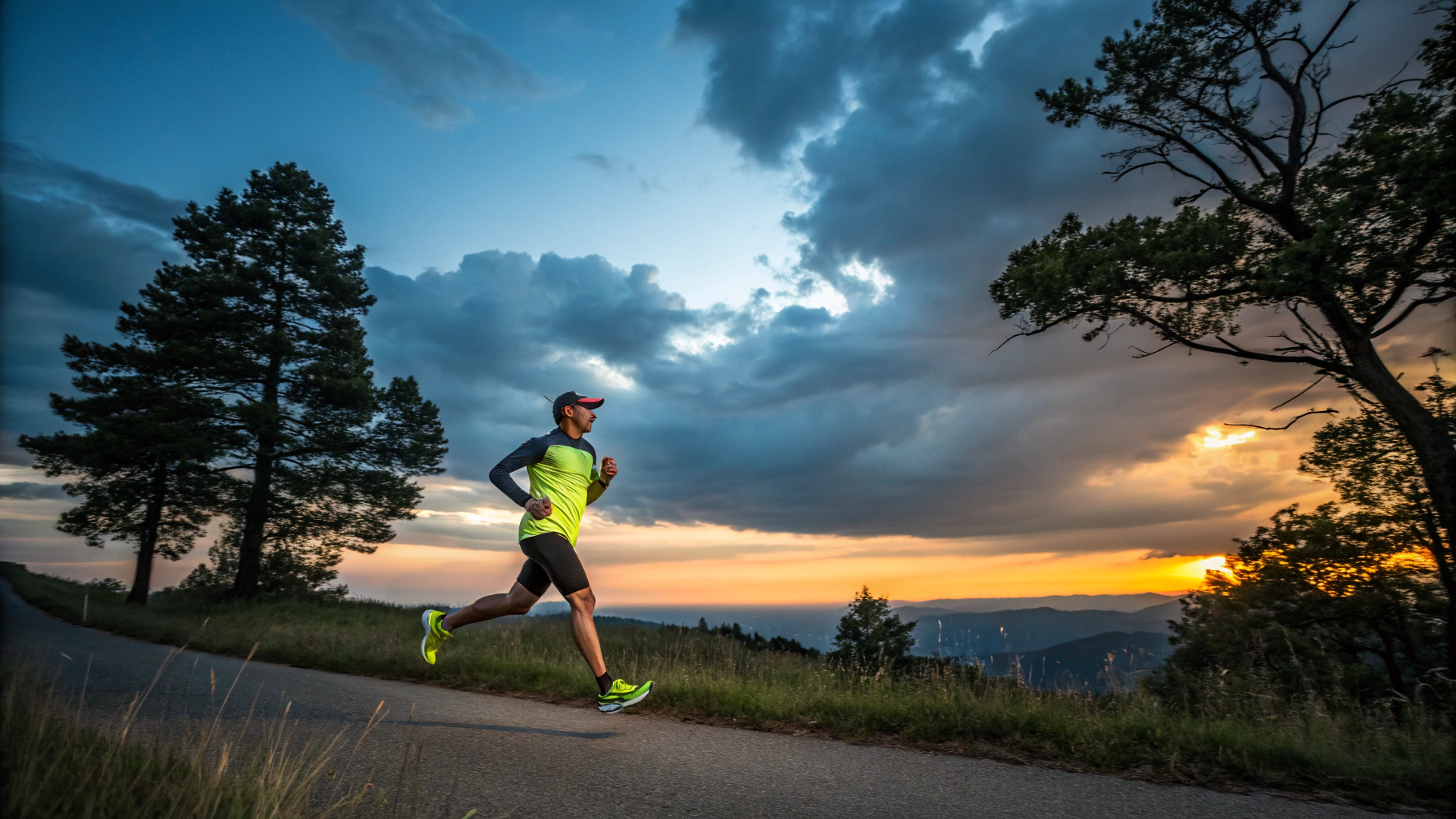Athlete running at dusk with powerful stride captured in moody lighting with cyan rim highlights