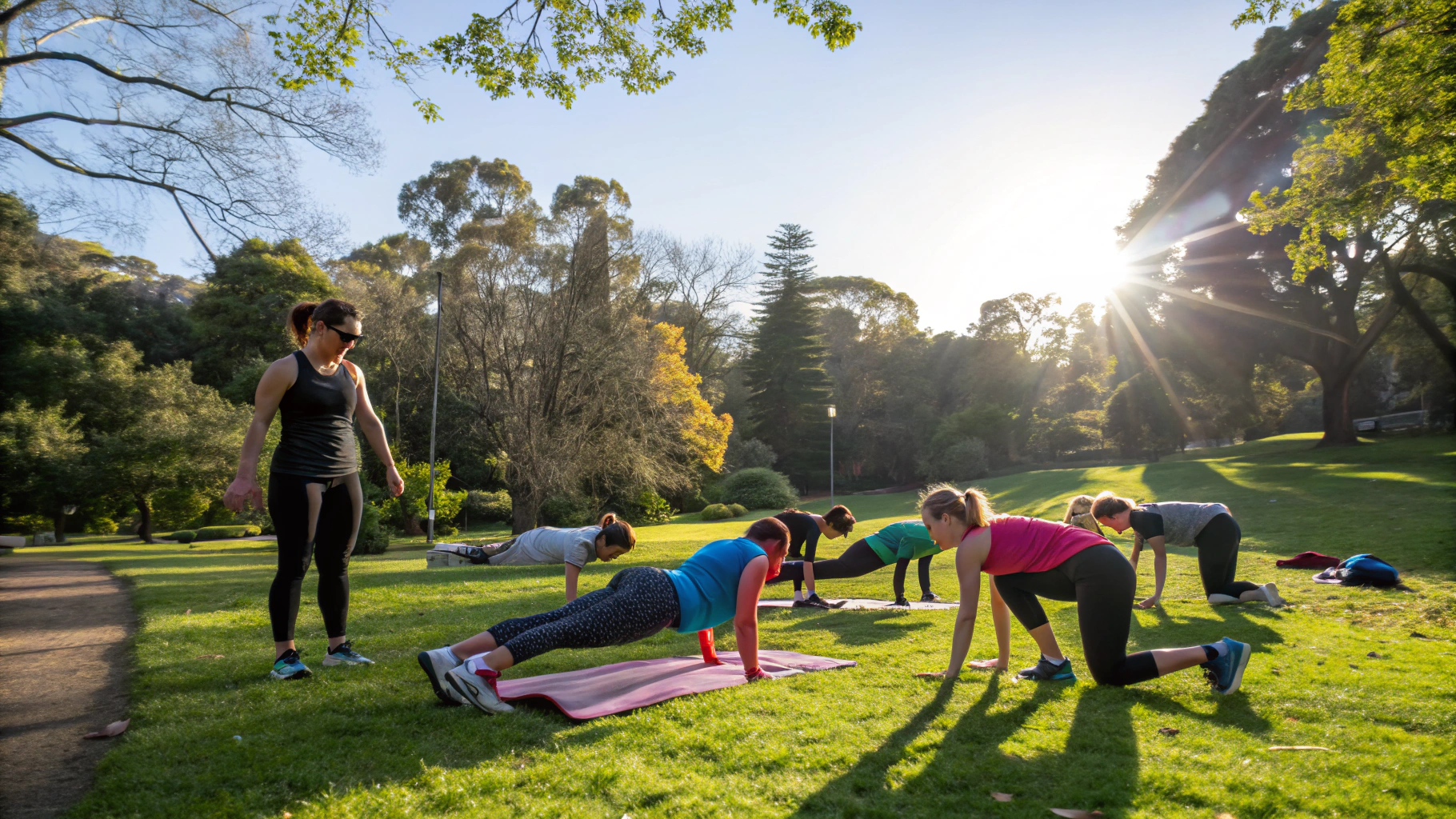Personal coach and client training in a sunlit public park during golden hour