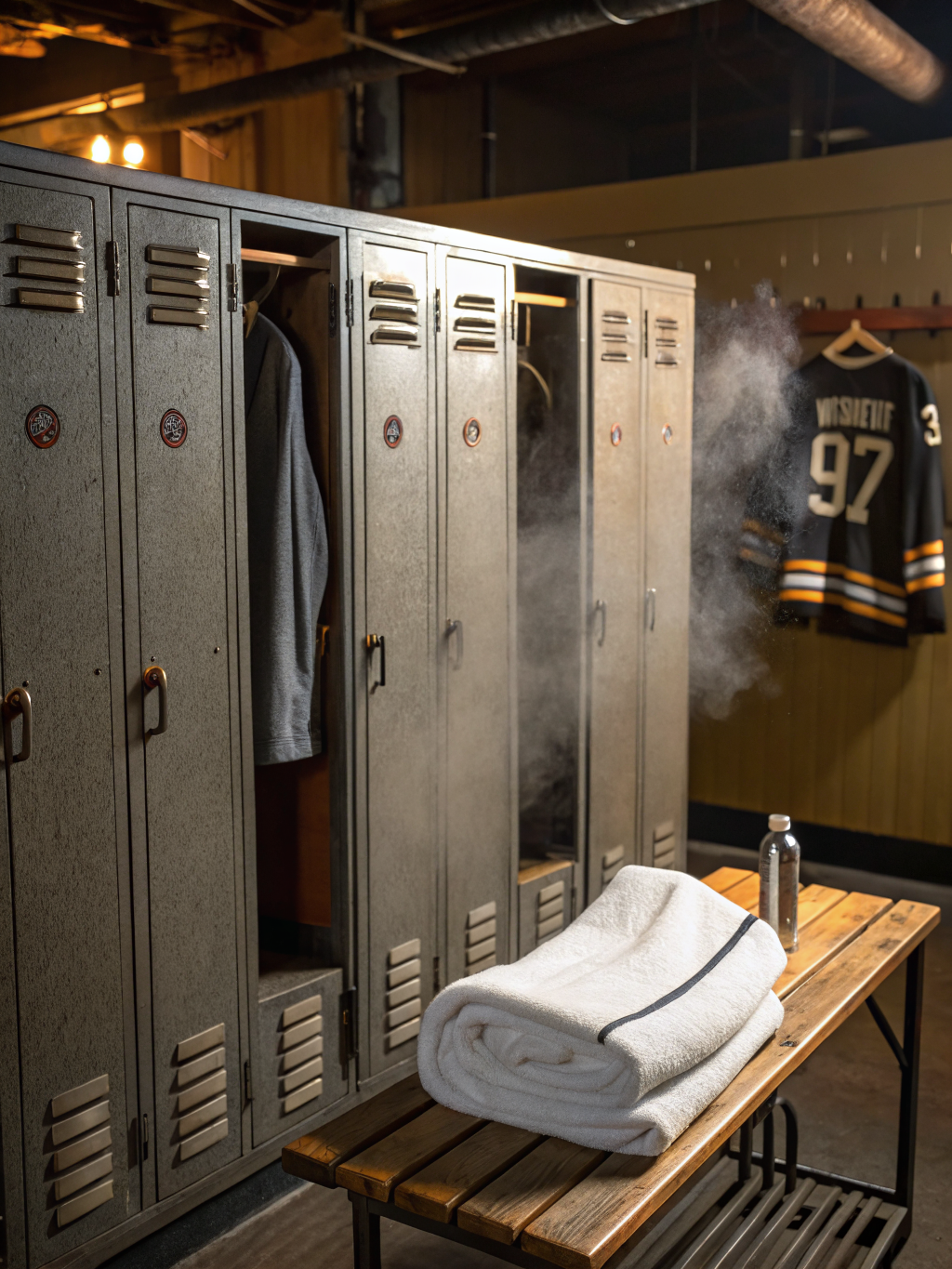 Fogged locker-room mirror with condensation and a wiped handprint in cold single-source light