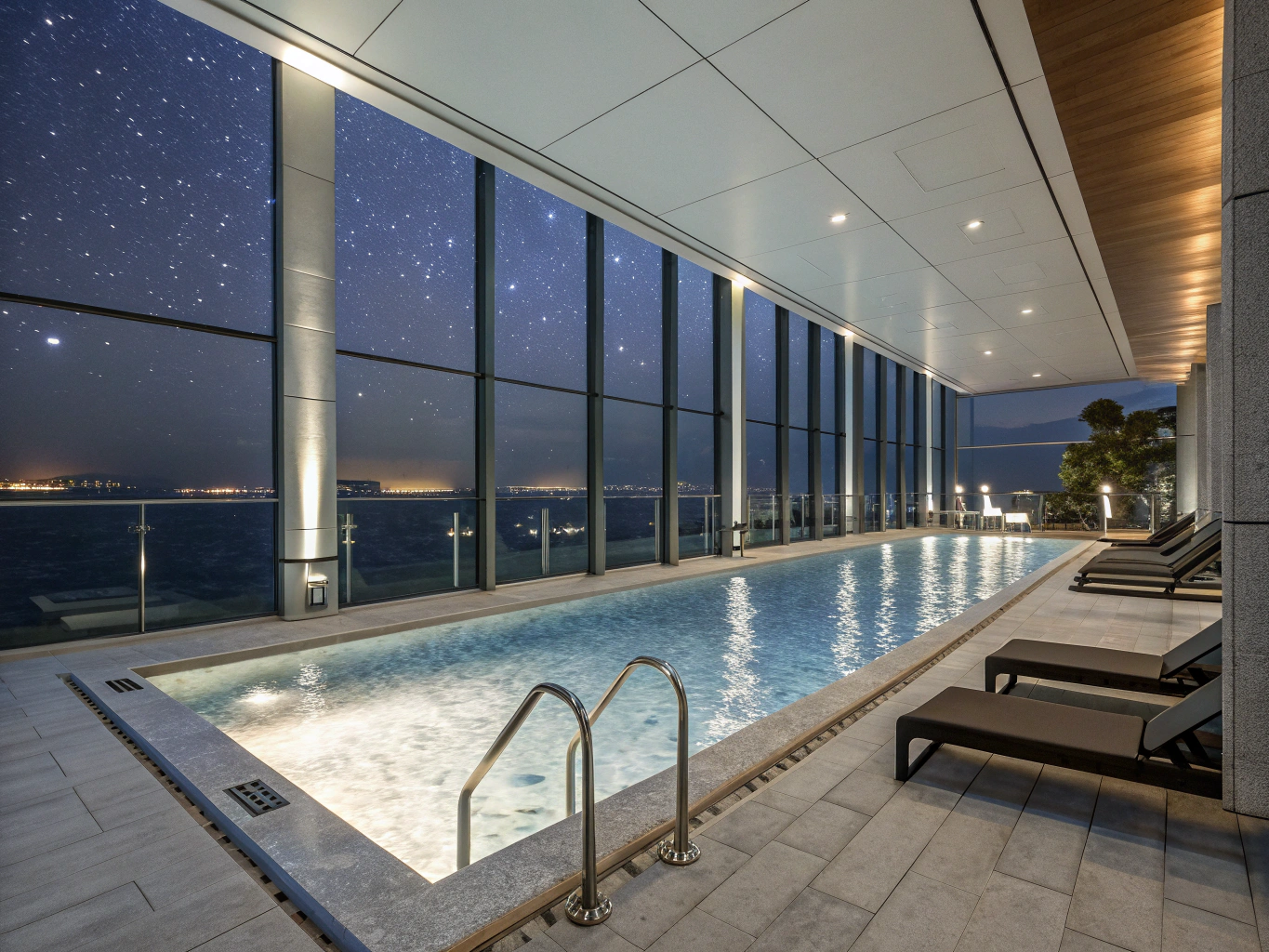 Outdoor lap pool before dawn with one lit lane and steam rising off the water surface