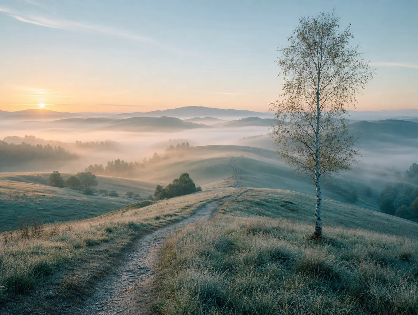 Frost-covered grass field with a single worn dirt trail illuminated by sideways morning light