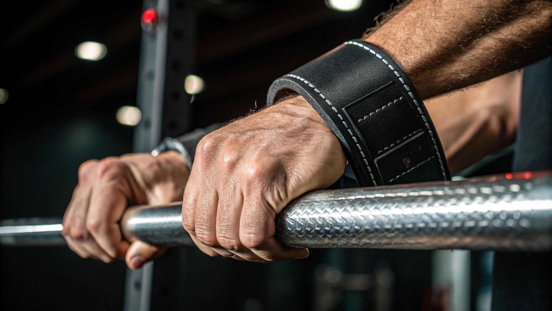 Macro close-up of taped, chalked working hands resting on a knurled barbell