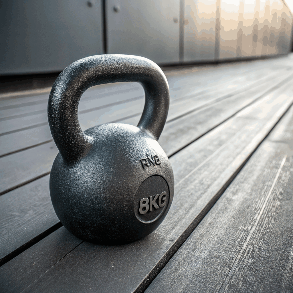 Single kettlebell on concrete with worn handle under hard side light