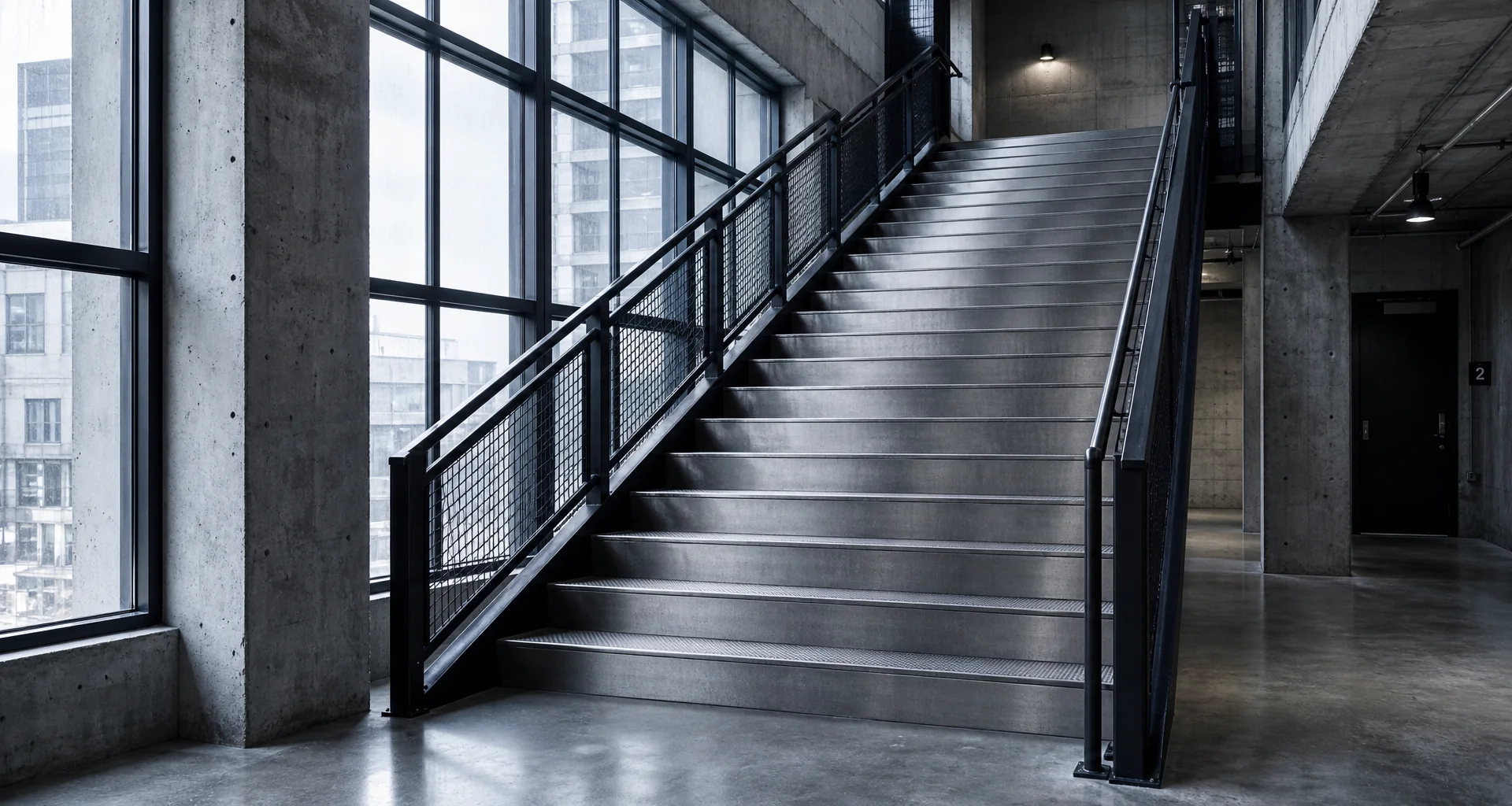 Concrete stairwell shot straight up with climbing figure and cyan lighting